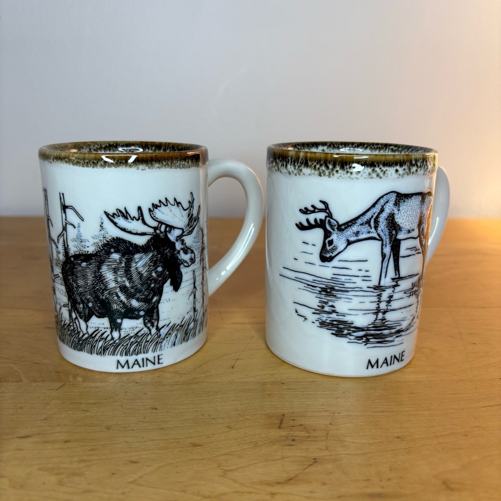 Vintage Maine Mug Souvenir Coffee Cup Moose & Deer Pair Cabin Rustic Wildlife